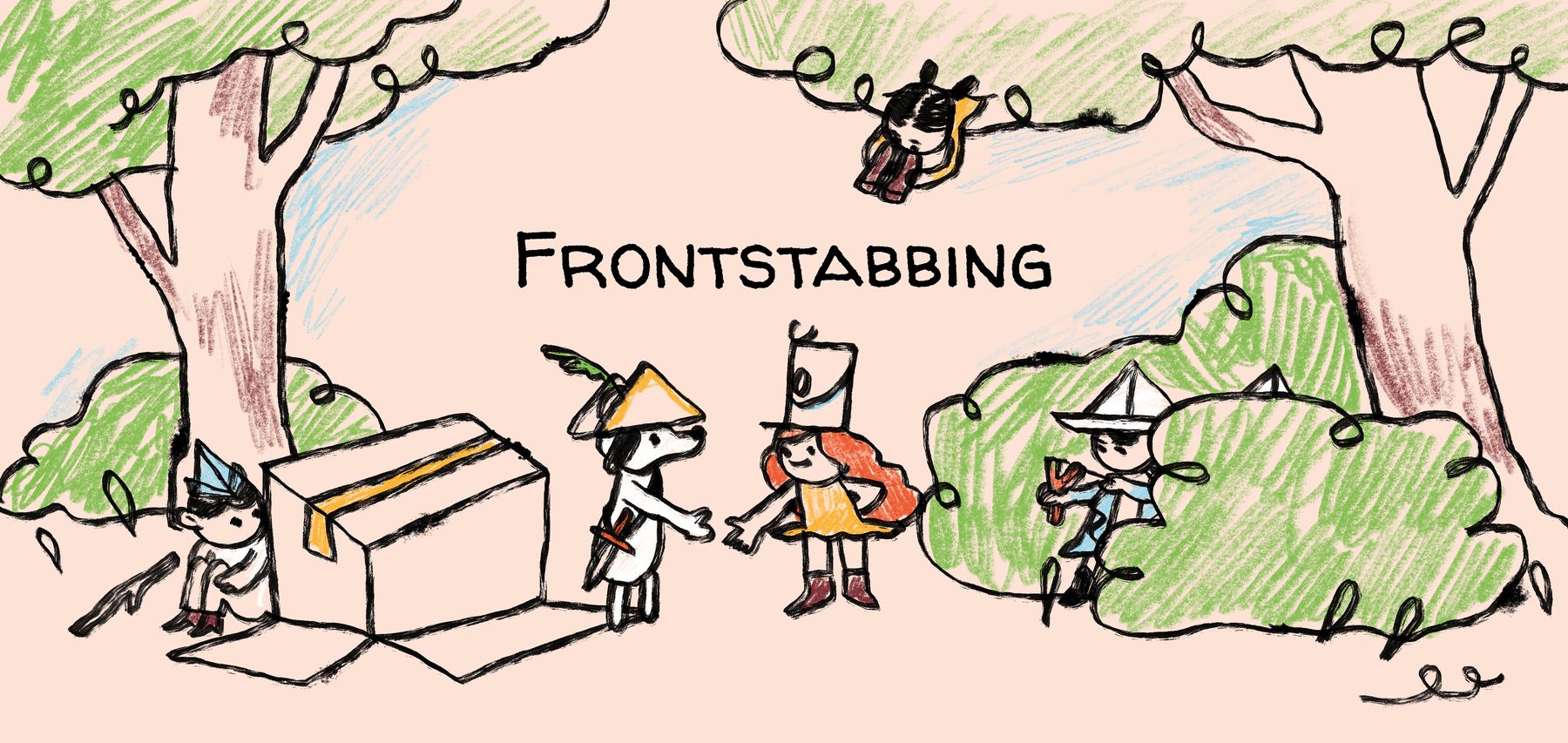 Frontstabbing illustrated cover art of kids in a forest